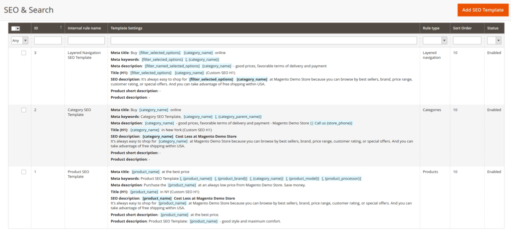 SEOテンプレート一覧画面
