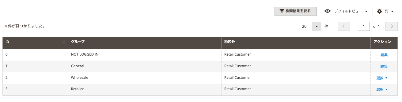 Magento2 顧客グループ一覧画面